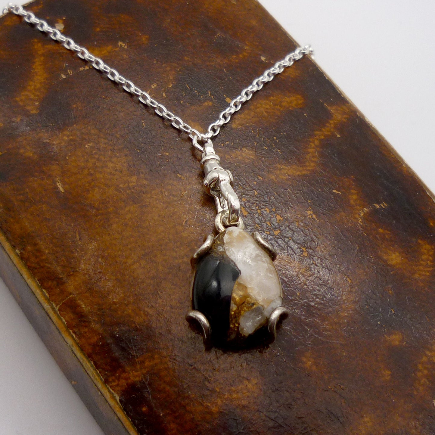 Septarian Cabochon Pendant on a Long Silver Belcher Chain with Small Albert Clasp