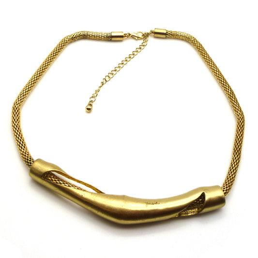 Thick Gold Plated Round Mesh Chain Necklace with Large Statement Horizontal Sliding Pendant