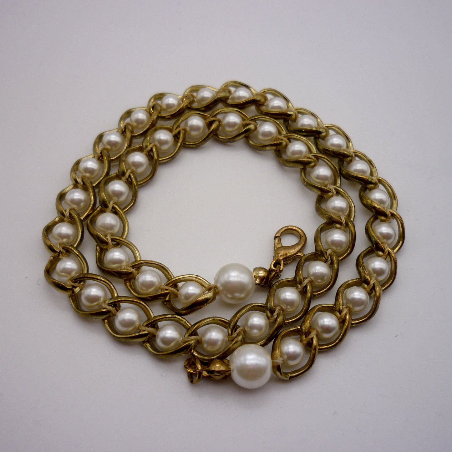 Vintage Gold Tone Chain and Simulated Pearl Choker, Captured Pearl Necklace