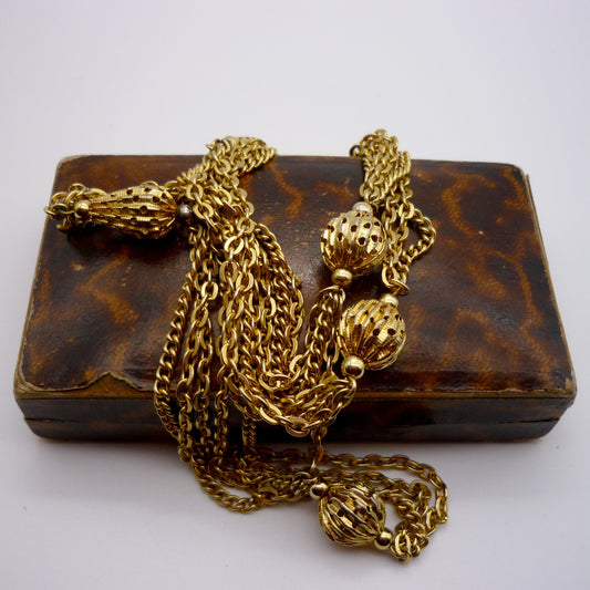 Vintage Gold Plated Triple Strand Chain Necklace with Satellite Pierced Metal Openwork Beads