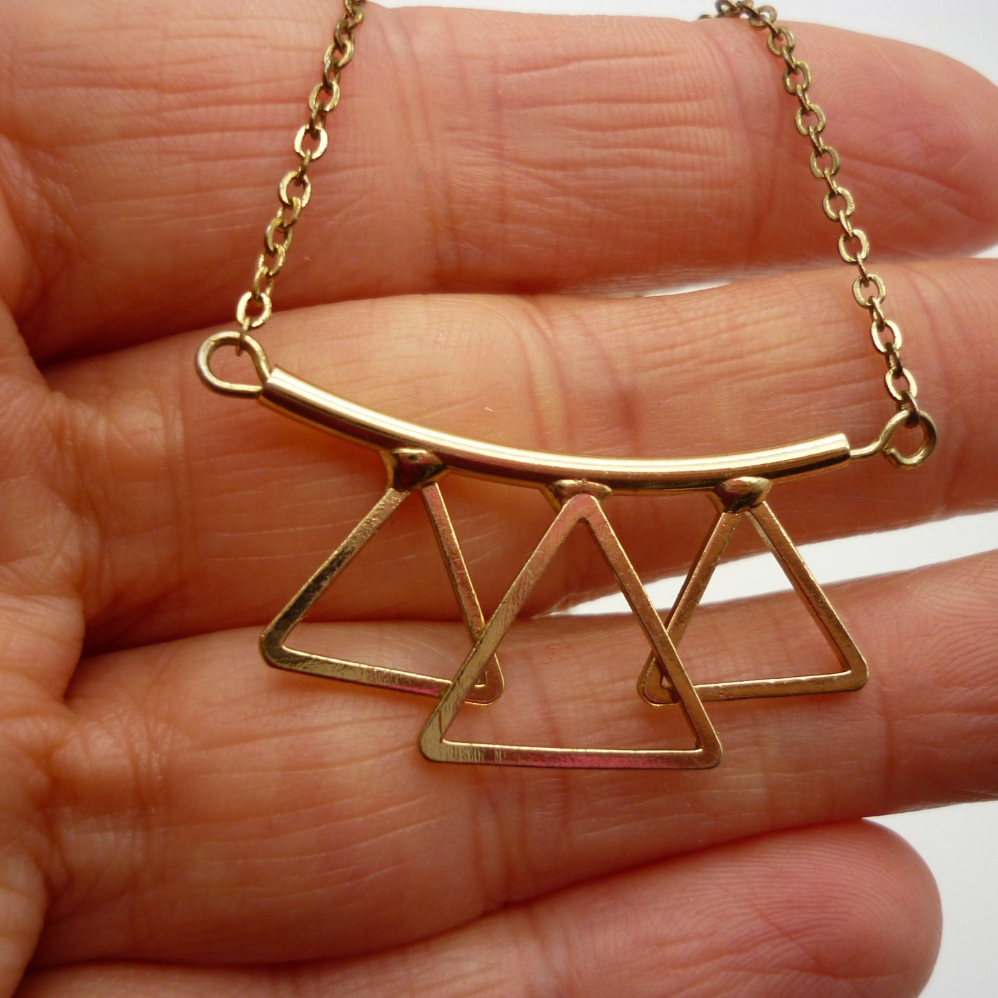 Vintage Gold Plated Minimalist Open Triangles Necklace, Geometric Pendant on Chain