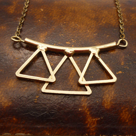 Vintage Gold Plated Minimalist Open Triangles Necklace, Geometric Pendant on Chain