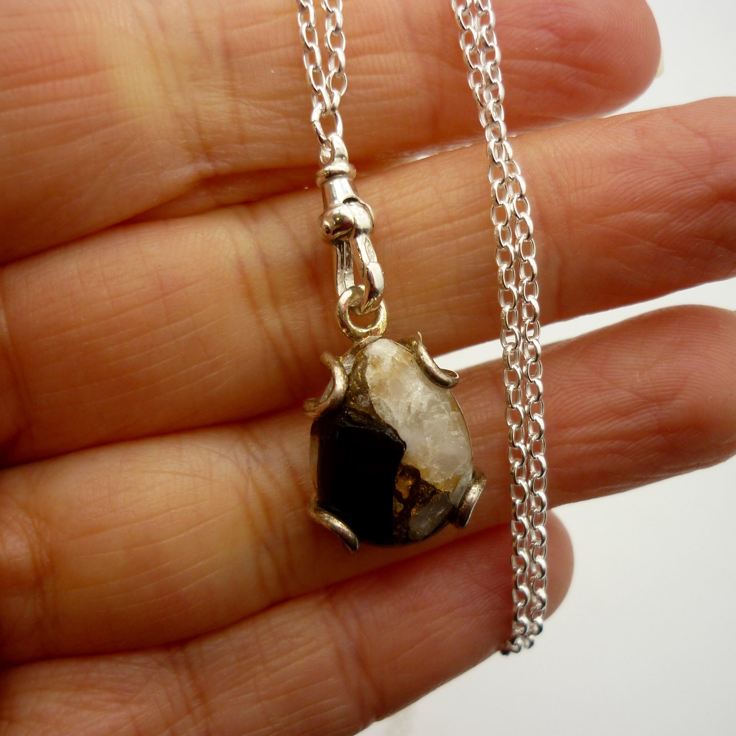 Septarian Cabochon Pendant on a Long Silver Belcher Chain with Small Albert Clasp