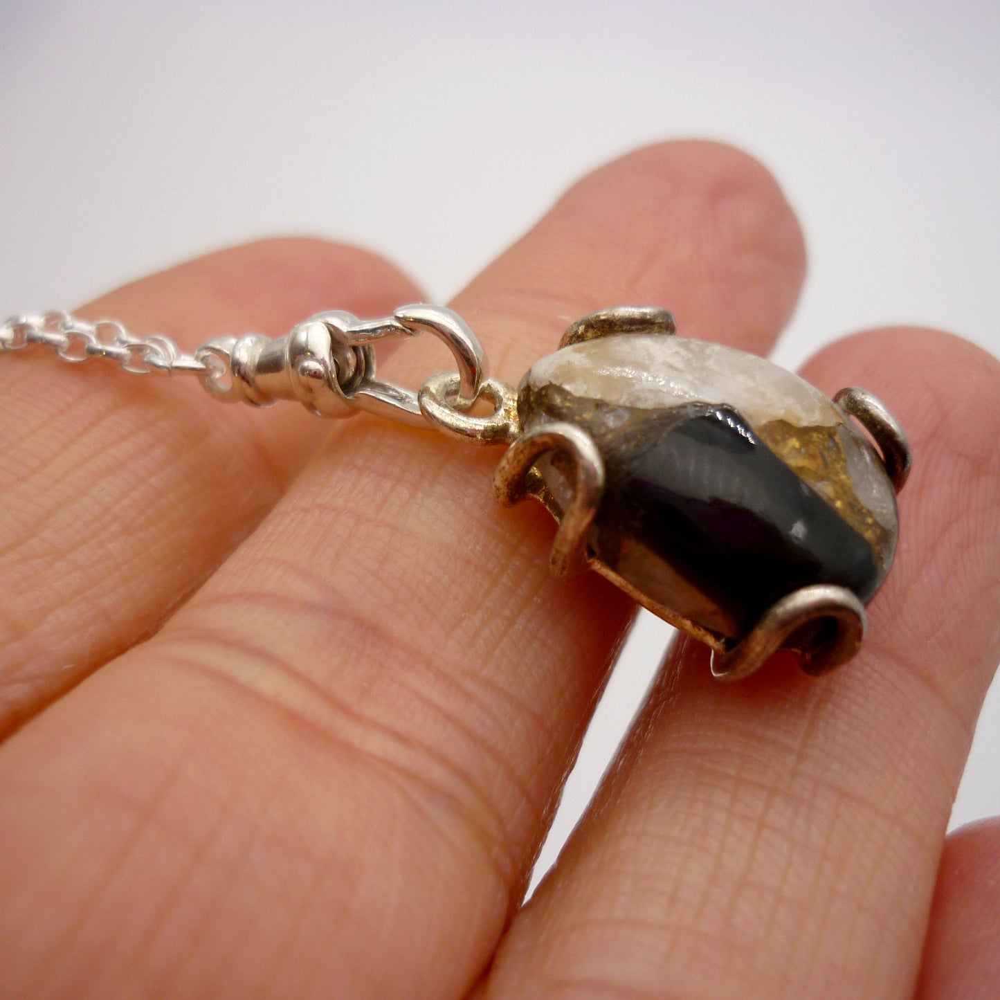 Septarian Cabochon Pendant on a Long Silver Belcher Chain with Small Albert Clasp