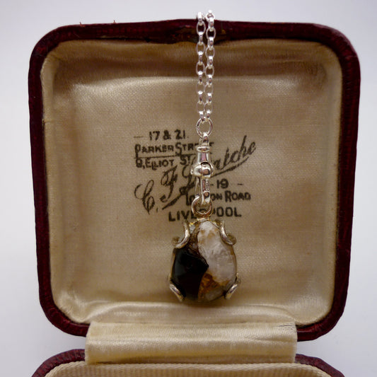 Septarian Cabochon Pendant on a Long Silver Belcher Chain with Small Albert Clasp