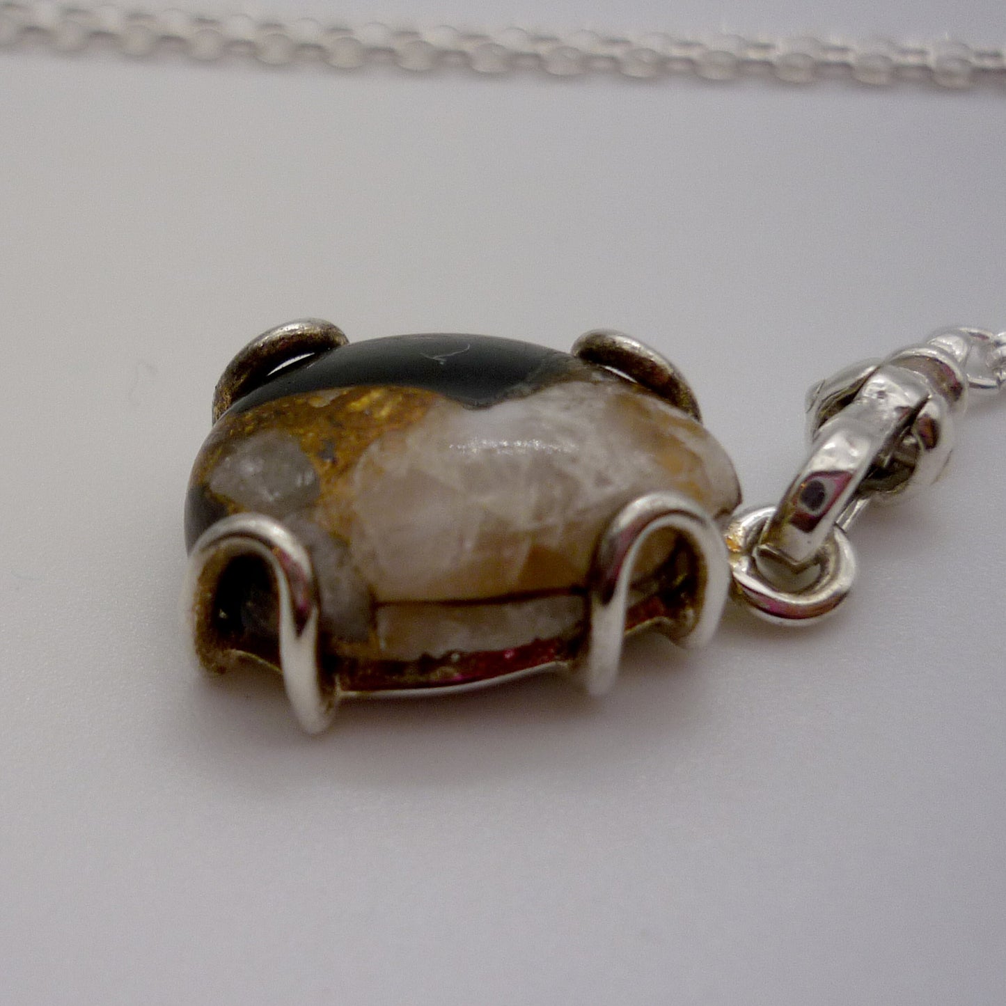 Septarian Cabochon Pendant on a Long Silver Belcher Chain with Small Albert Clasp