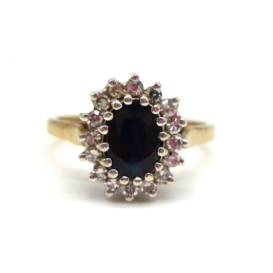 Vintage 9ct Yellow Gold Sapphire Diamond Halo Ring - UK Size N/0