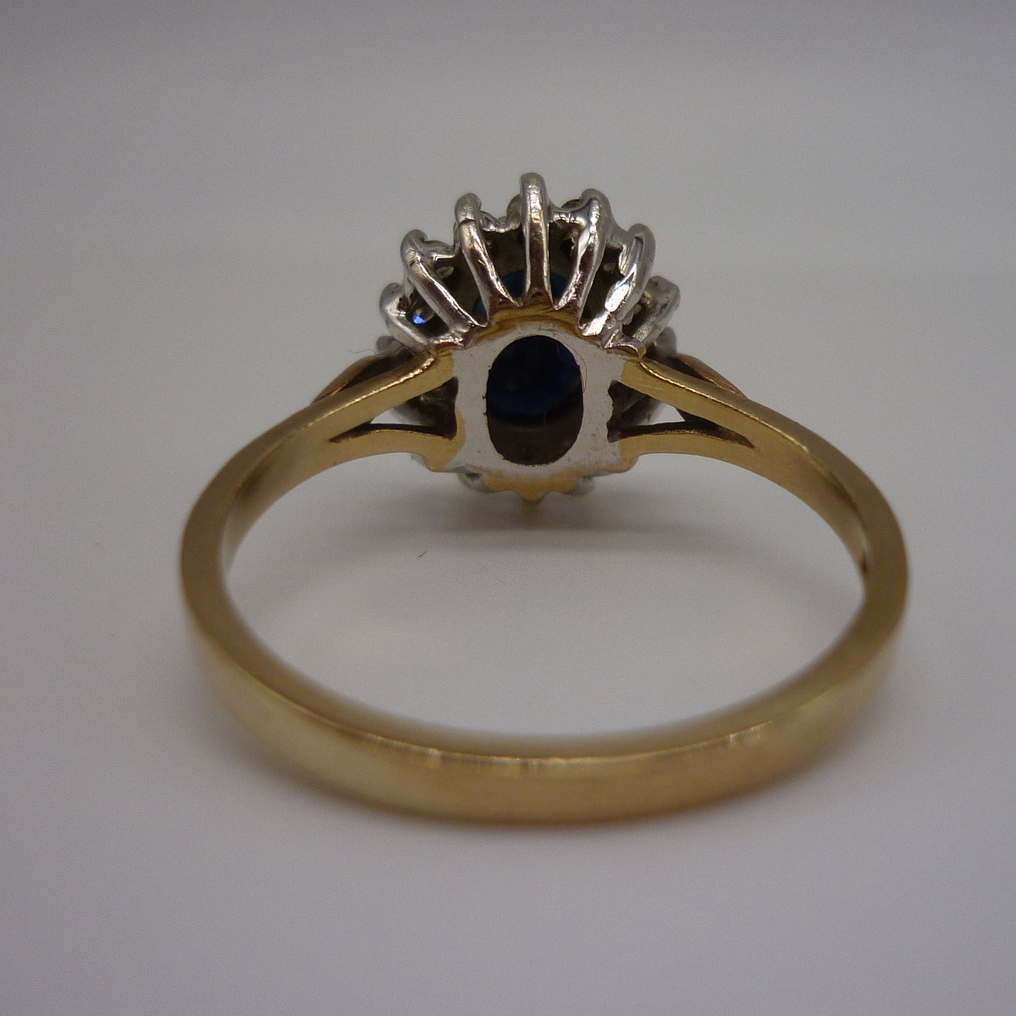 Vintage 9ct Yellow Gold Sapphire Diamond Halo Ring - UK Size N/0
