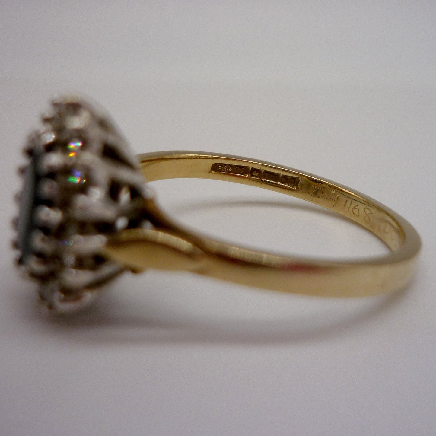 Vintage 9ct Yellow Gold Sapphire Diamond Halo Ring - UK Size N/0