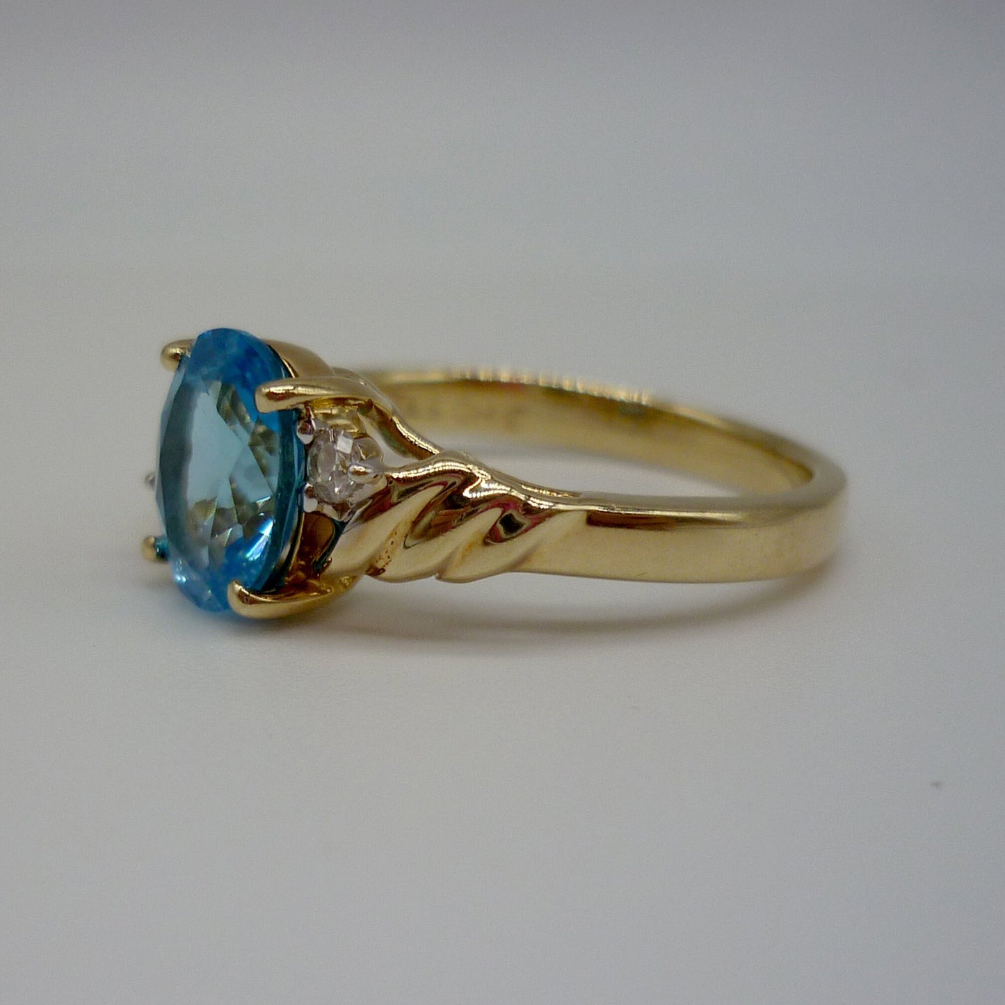 Vintage Blue Topaz 10k Yellow Gold Ring with Diamond Accents, Size 5.5
