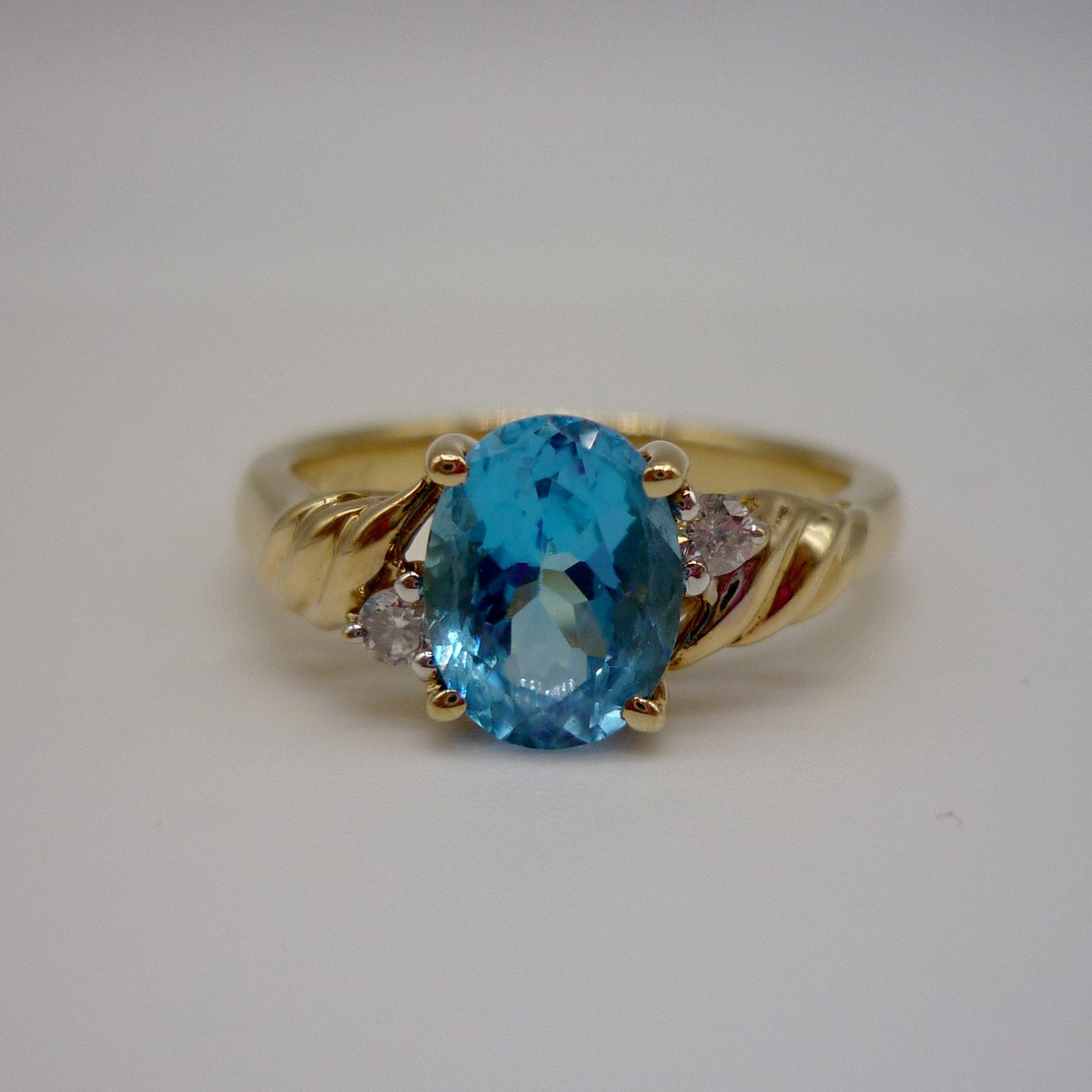 Vintage Blue Topaz 10k Yellow Gold Ring with Diamond Accents, Size 5.5
