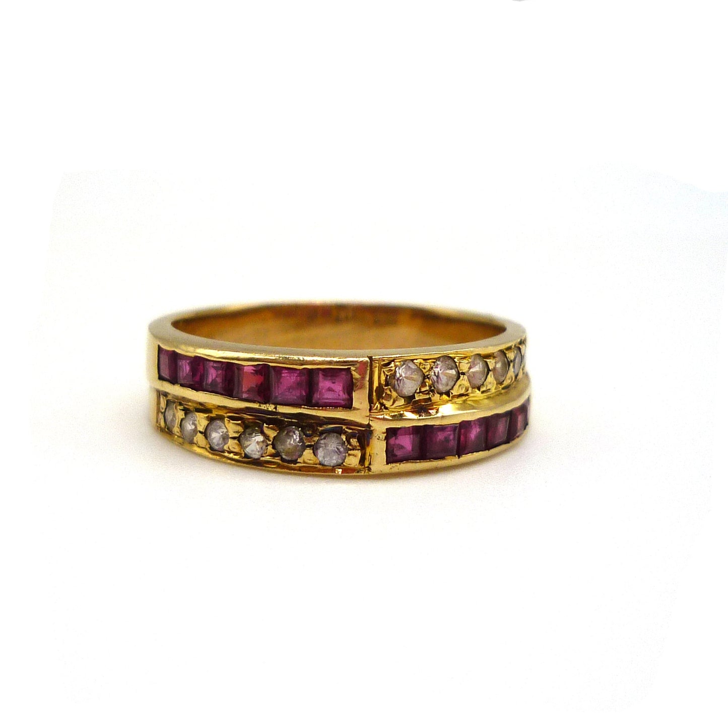 Vintage 14k Yellow Gold Ruby & Diamond Half Eternity Band - Size 7