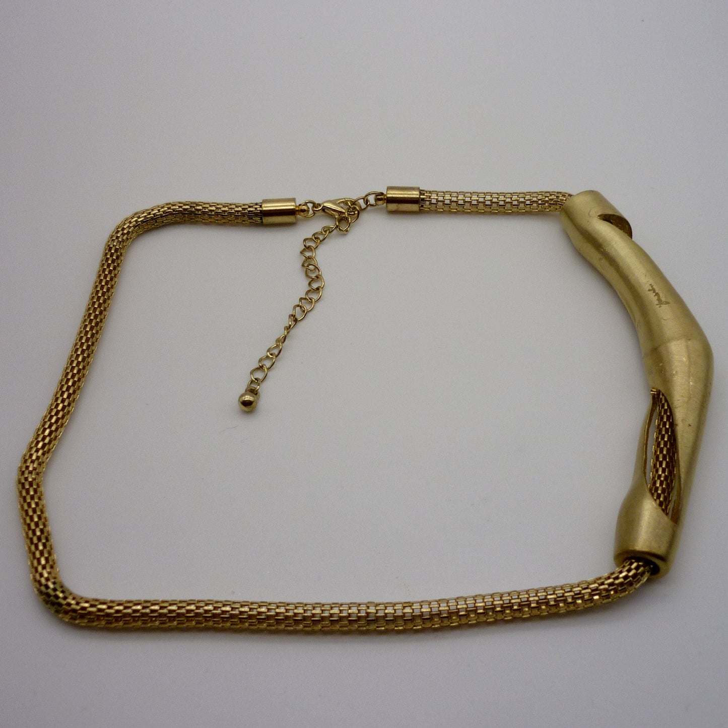 Thick Gold Plated Round Mesh Chain Necklace with Large Statement Horizontal Sliding Pendant