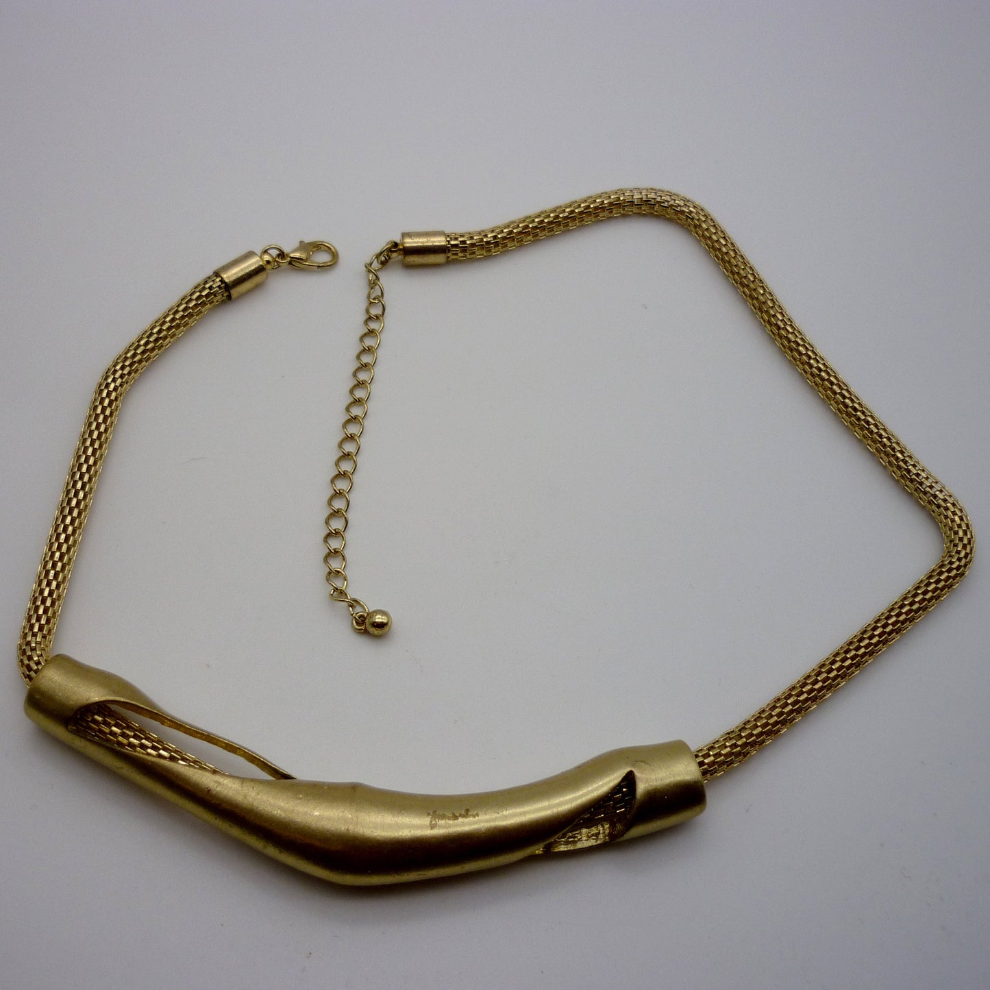 Thick Gold Plated Round Mesh Chain Necklace with Large Statement Horizontal Sliding Pendant