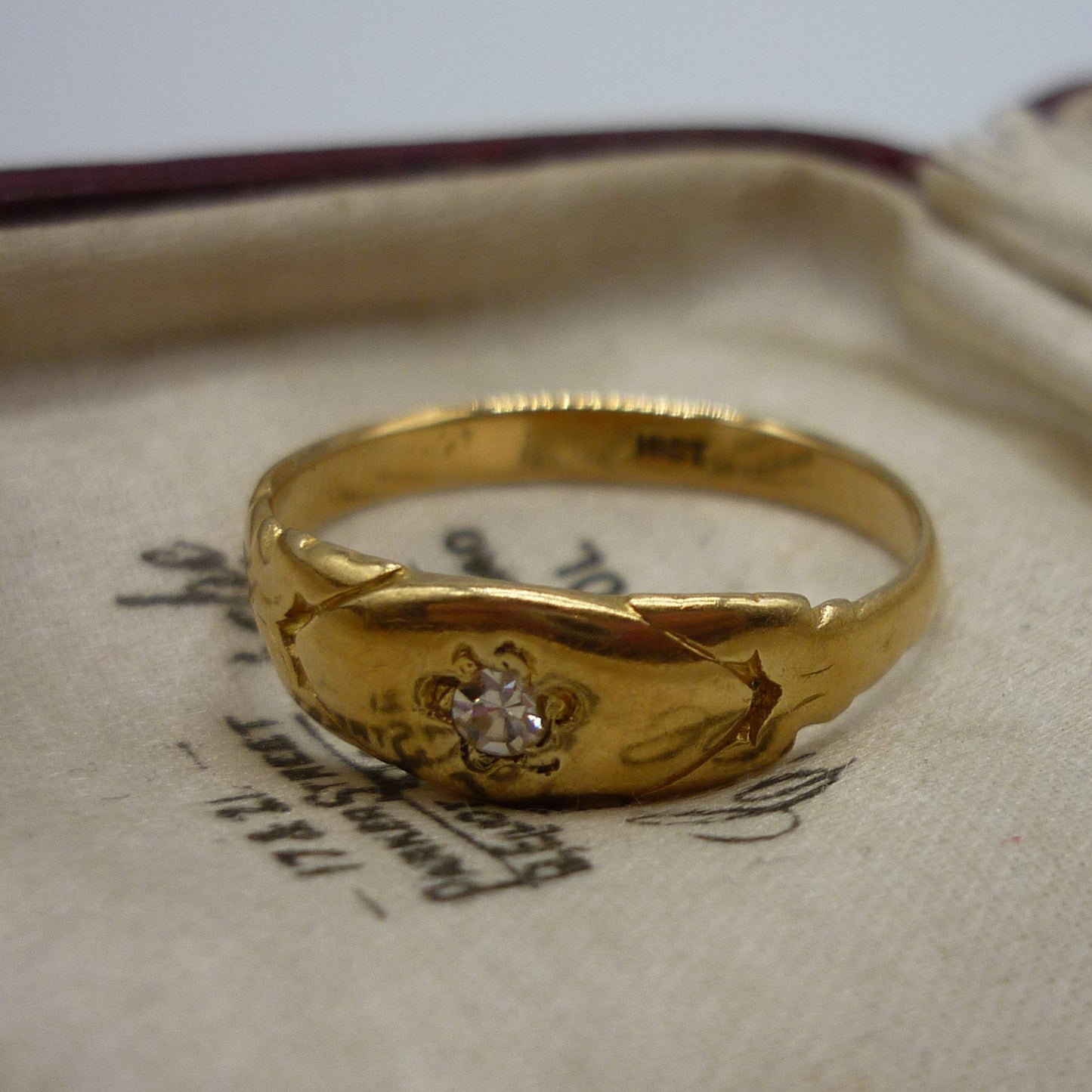 Antique 18k Gold Gypsy Ring with Star Set Diamond, Size 7.75 Unisex Gold Band