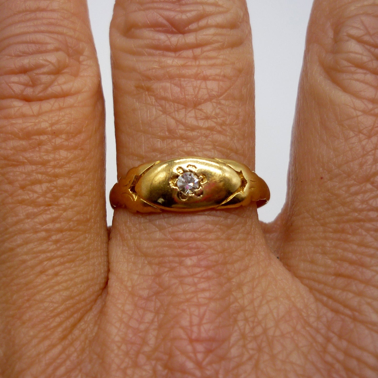 Antique 18k Gold Gypsy Ring with Star Set Diamond, Size 7.75 Unisex Gold Band