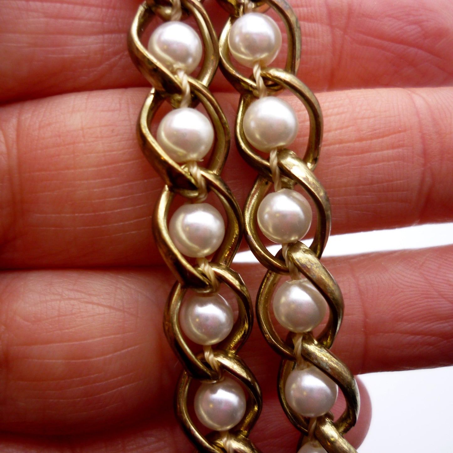 Vintage Gold Tone Chain and Simulated Pearl Choker, Captured Pearl Necklace