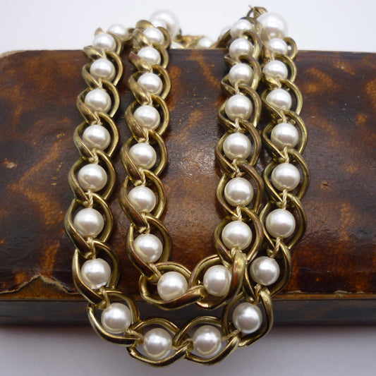 Vintage Gold Tone Chain and Simulated Pearl Choker, Captured Pearl Necklace