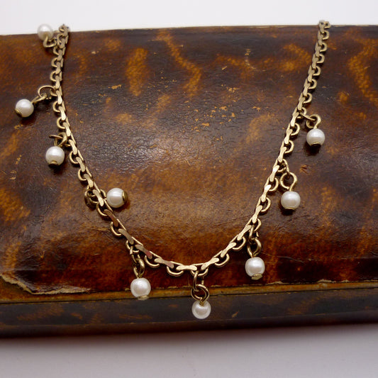 Vintage Gold Tone Chain Hung With Faux Seed Pearls
