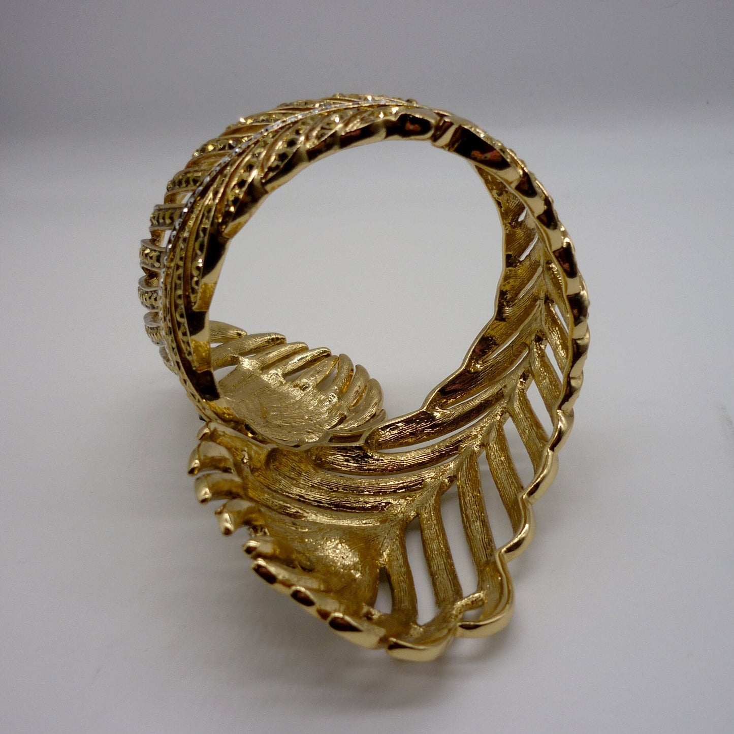 Vintage Butler & Wilson Gold Metal Crystal Set Peacock Feather Cuff Bangle