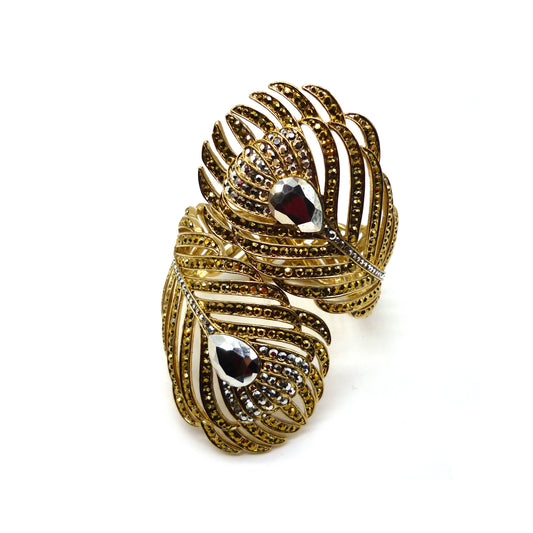 Vintage Butler & Wilson Gold Metal Crystal Set Peacock Feather Cuff Bangle