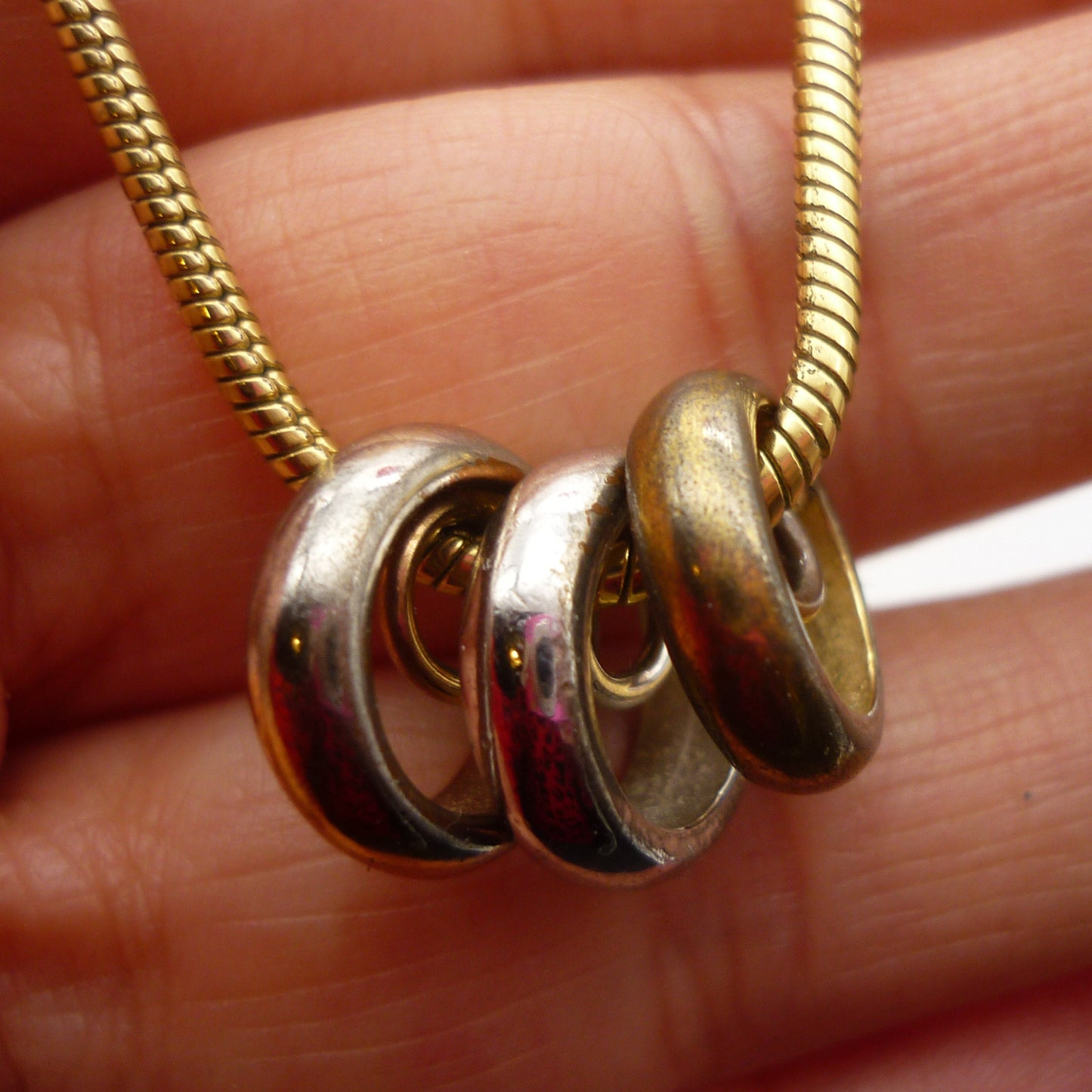 Vintage Gold Tone Snake Chain with Bronze, Silver and Gold Ring Pendants