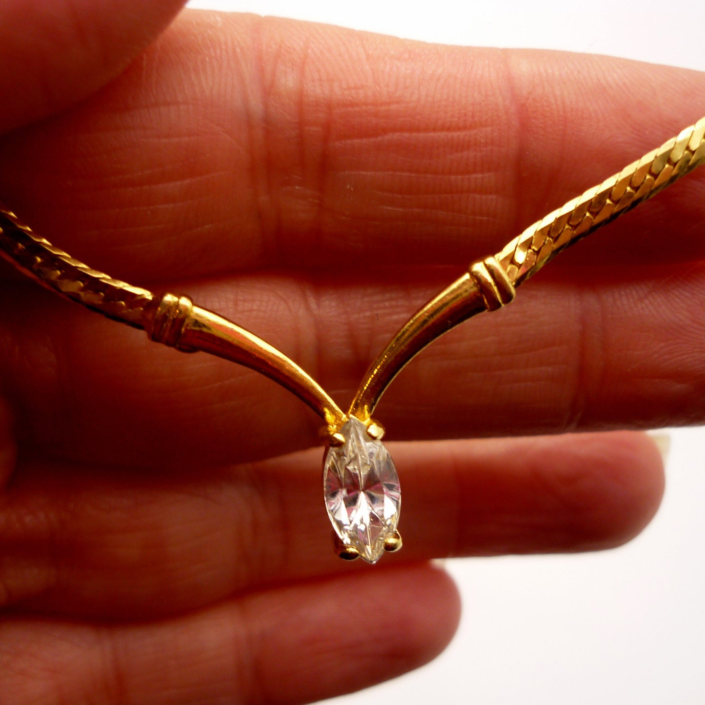 Vintage Avon Gold Tone Chain with Clear Diamante, CZ Wishbone Necklace