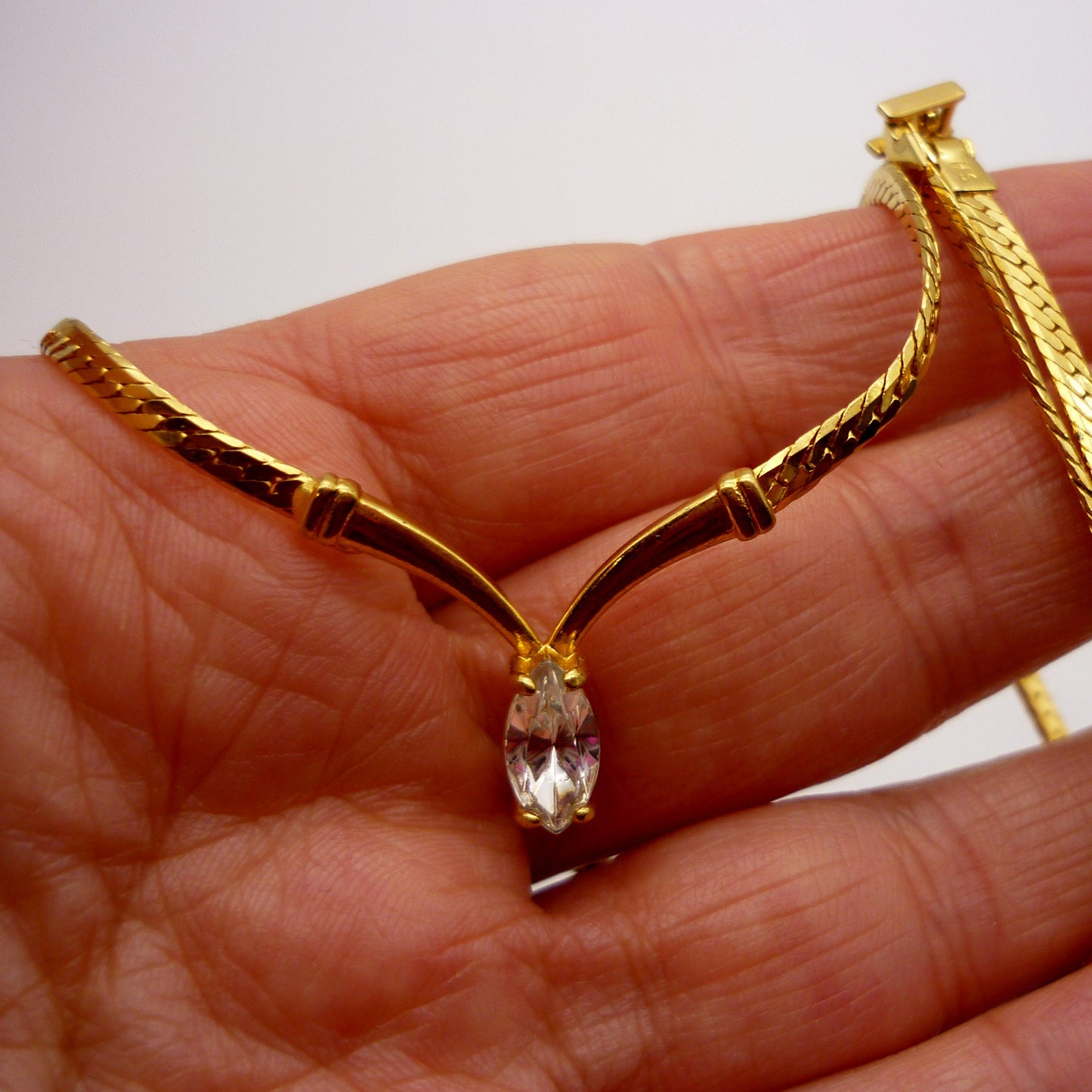 Vintage Avon Gold Tone Chain with Clear Diamante, CZ Wishbone Necklace