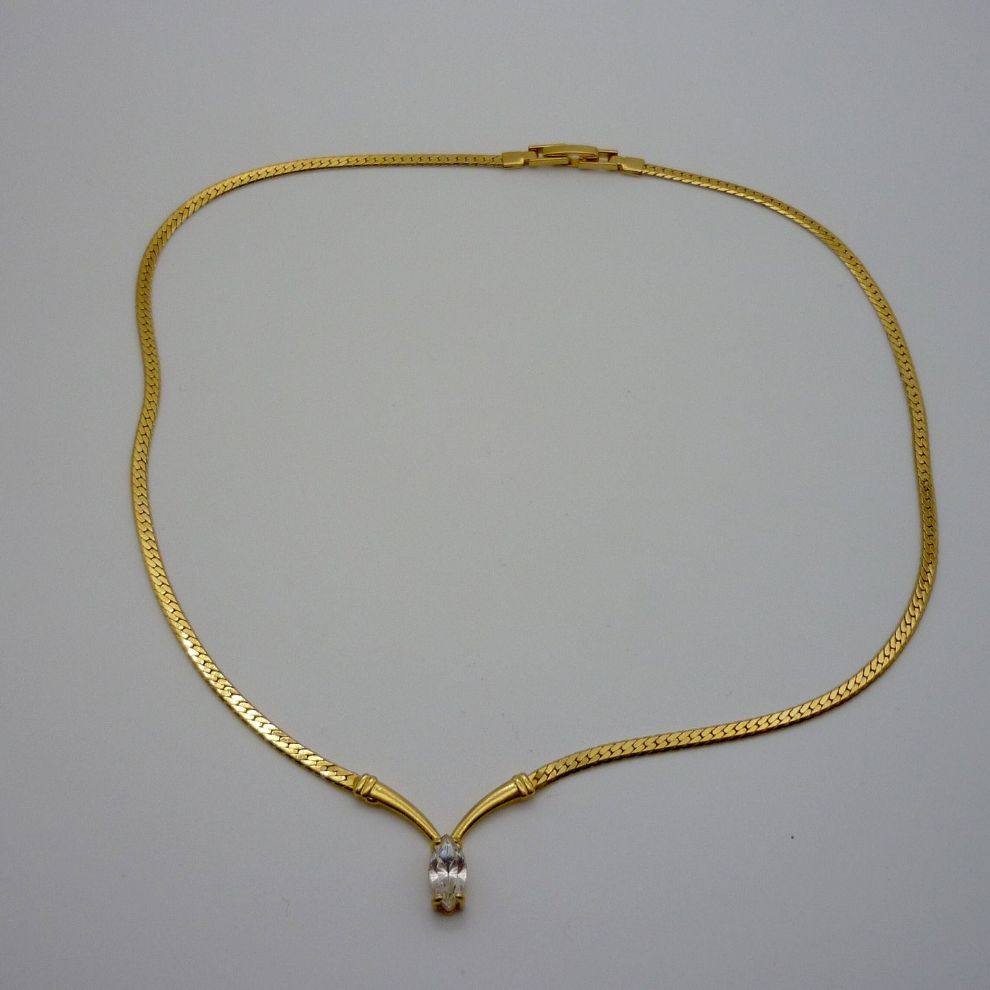Vintage Avon Gold Tone Chain with Clear Diamante, CZ Wishbone Necklace