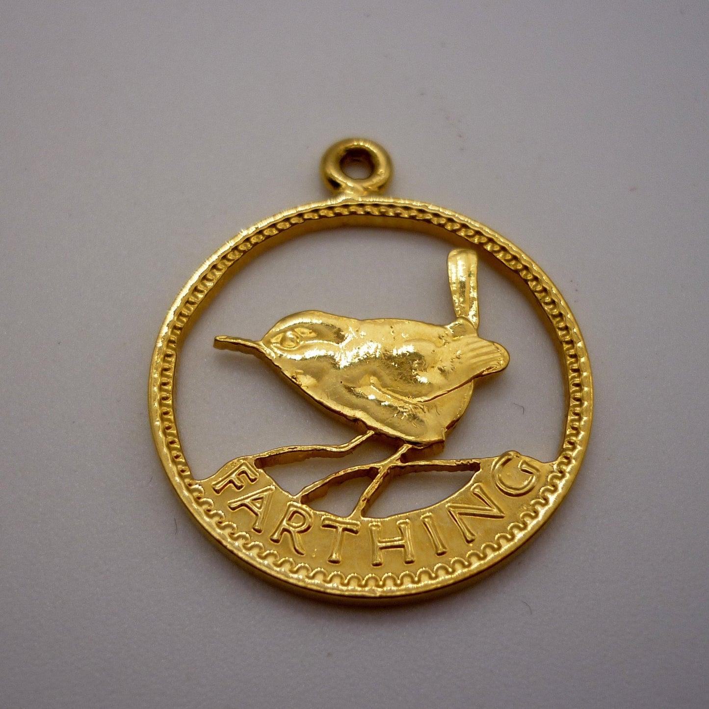 Gold Plated Farthing Wren Pendant, Cut Out Coin Jewellery