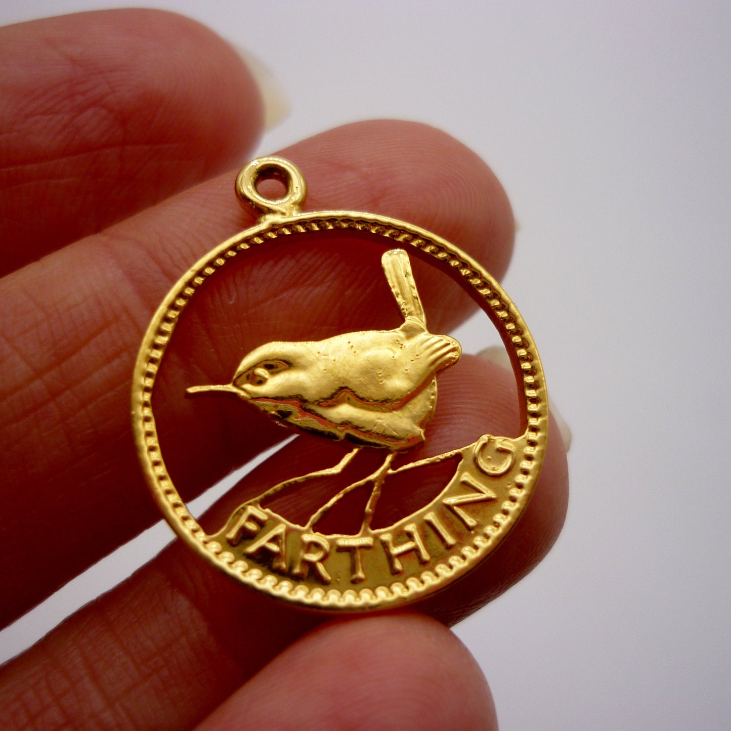 Gold Plated Farthing Wren Pendant, Cut Out Coin Jewellery