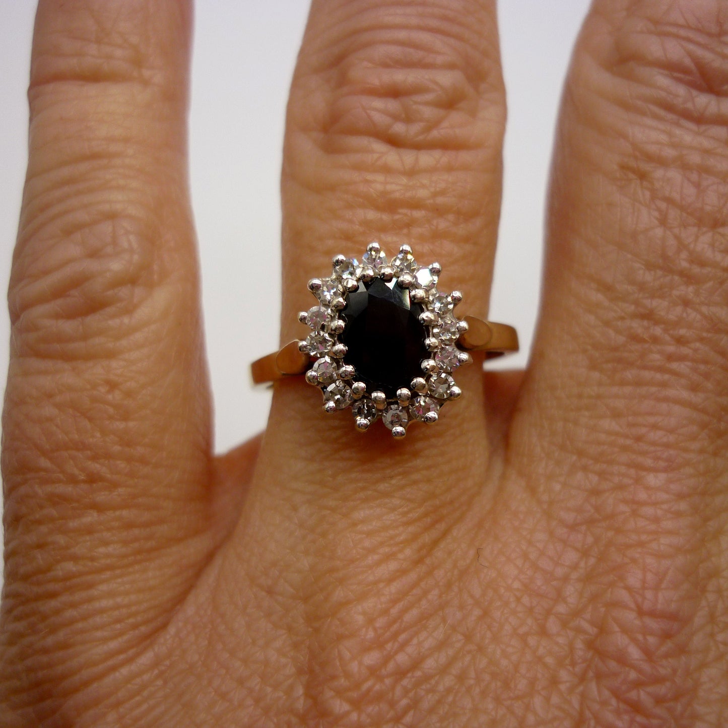 Vintage 9ct Yellow Gold Sapphire Diamond Halo Ring - UK Size N/0