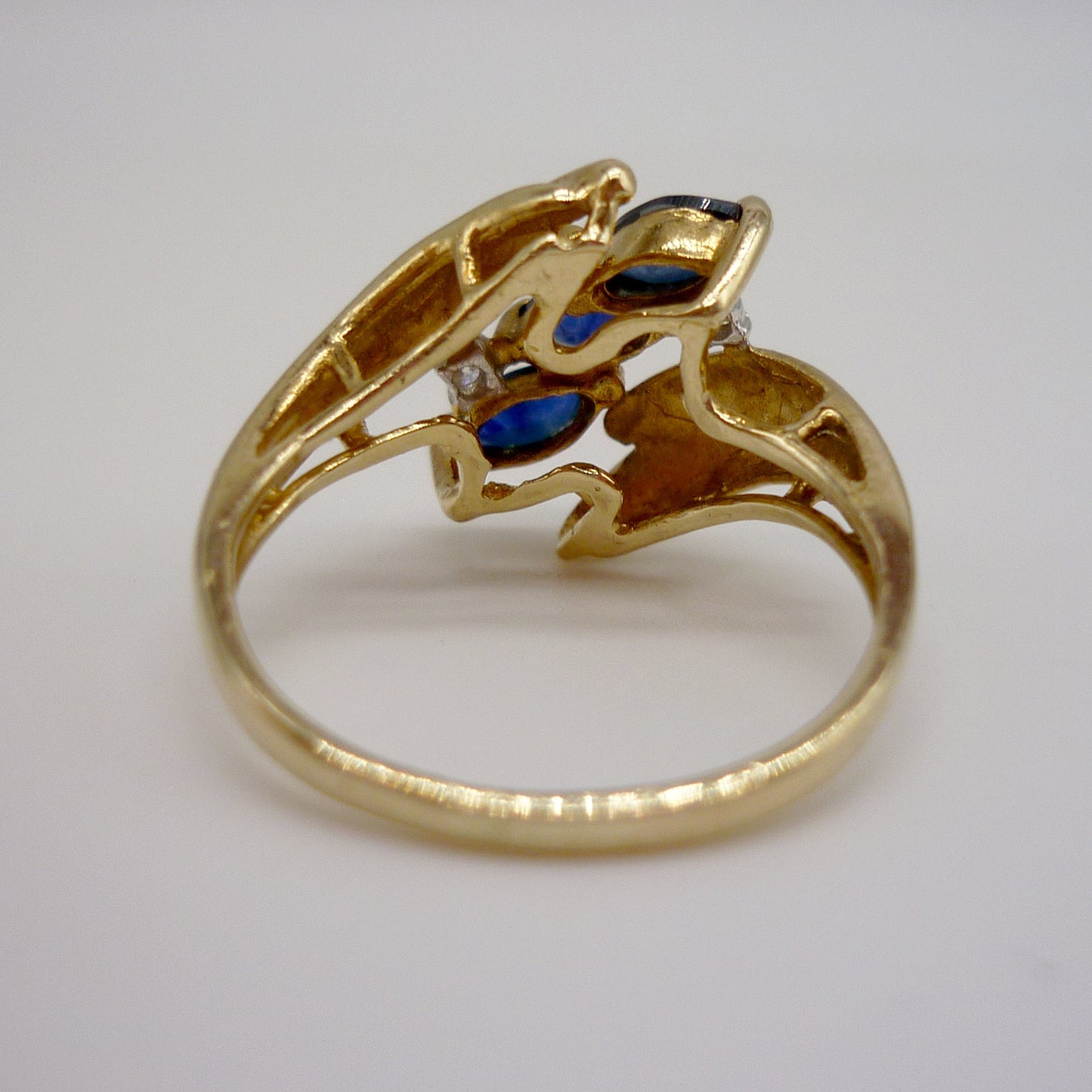 Vintage Cardow Sapphire and Diamond Ring, Crossover Gold Ring Size 4.75