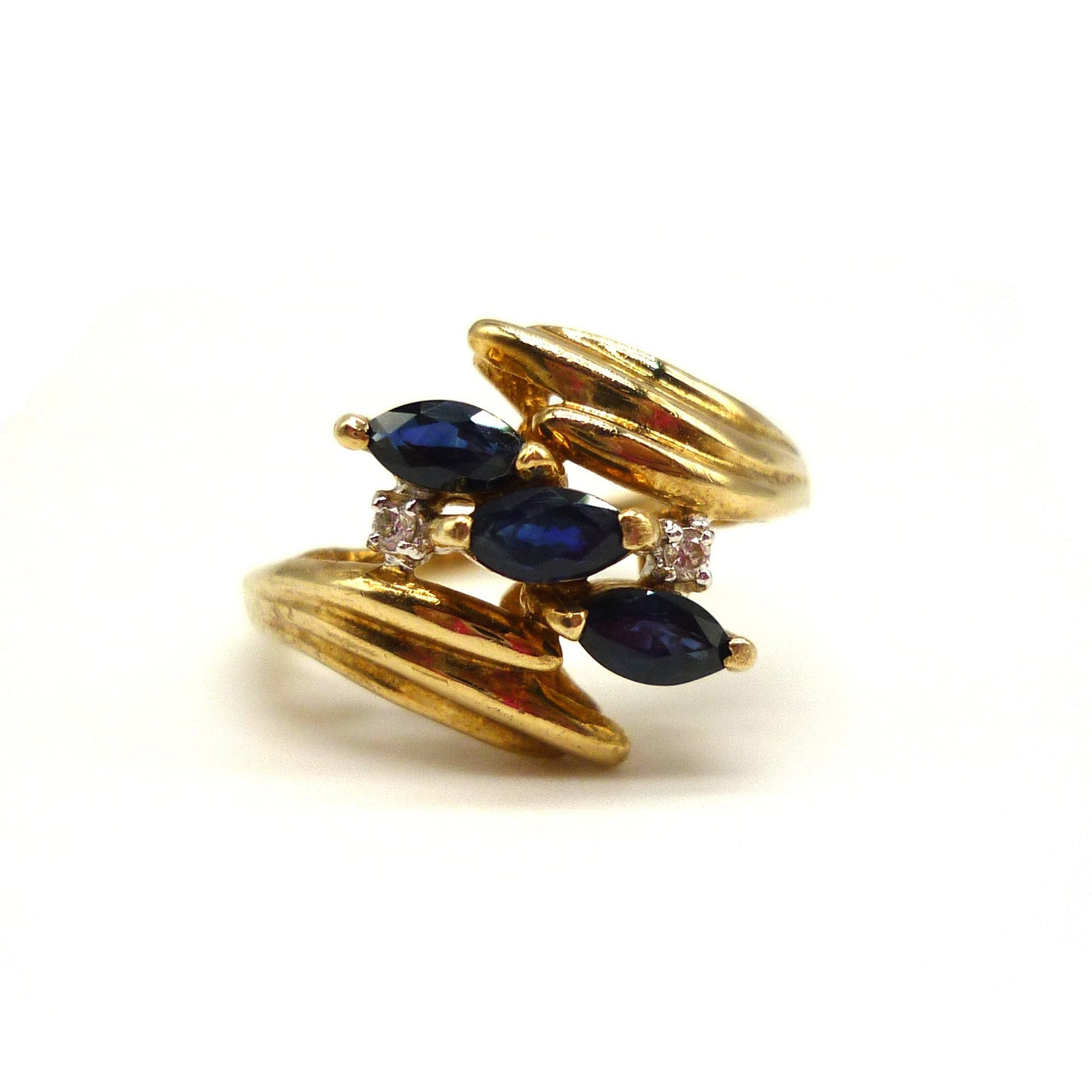 Vintage Cardow Sapphire and Diamond Ring, Crossover Gold Ring Size 4.75
