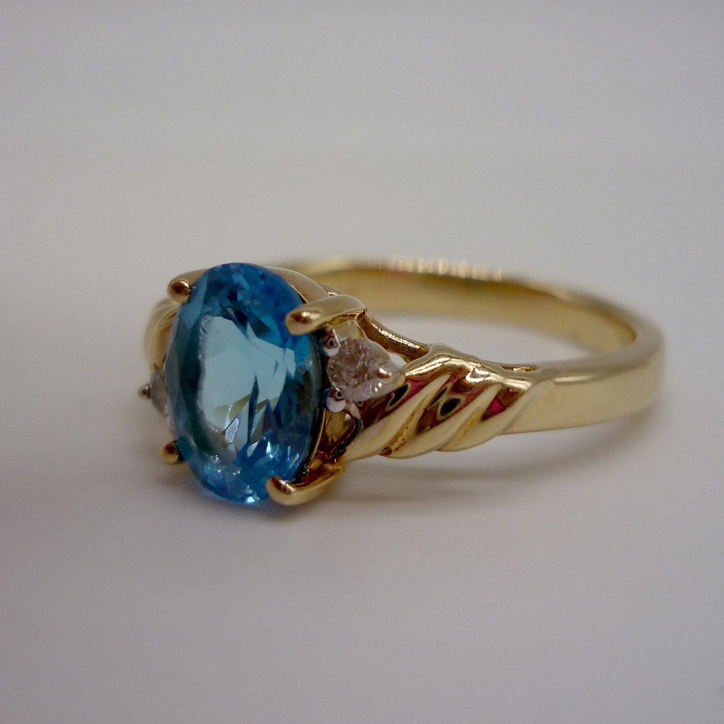 Vintage Blue Topaz 10k Yellow Gold Ring with Diamond Accents, Size 5.5