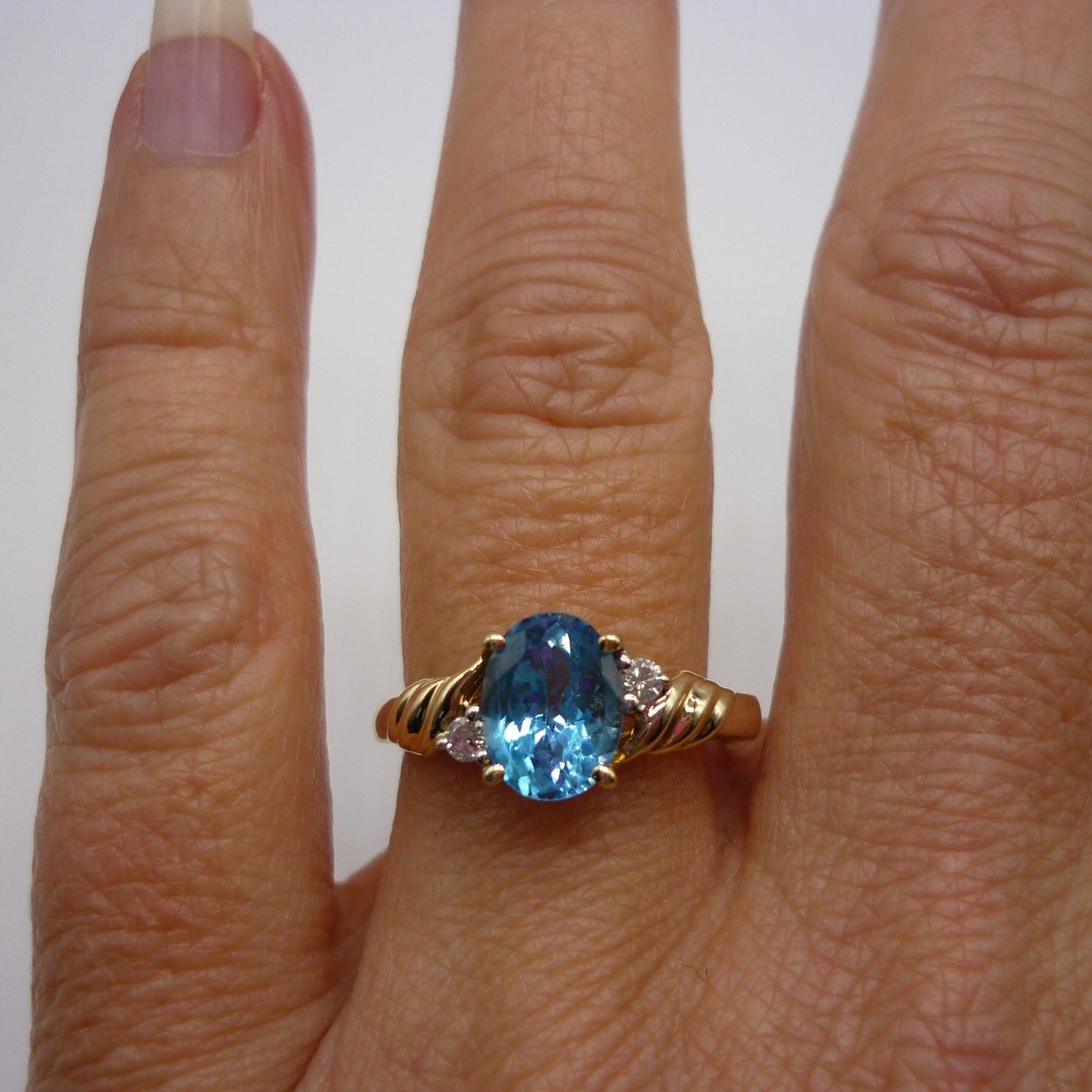 Vintage Blue Topaz 10k Yellow Gold Ring with Diamond Accents, Size 5.5