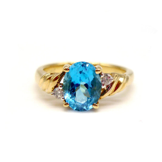 Vintage Blue Topaz 10k Yellow Gold Ring with Diamond Accents, Size 5.5