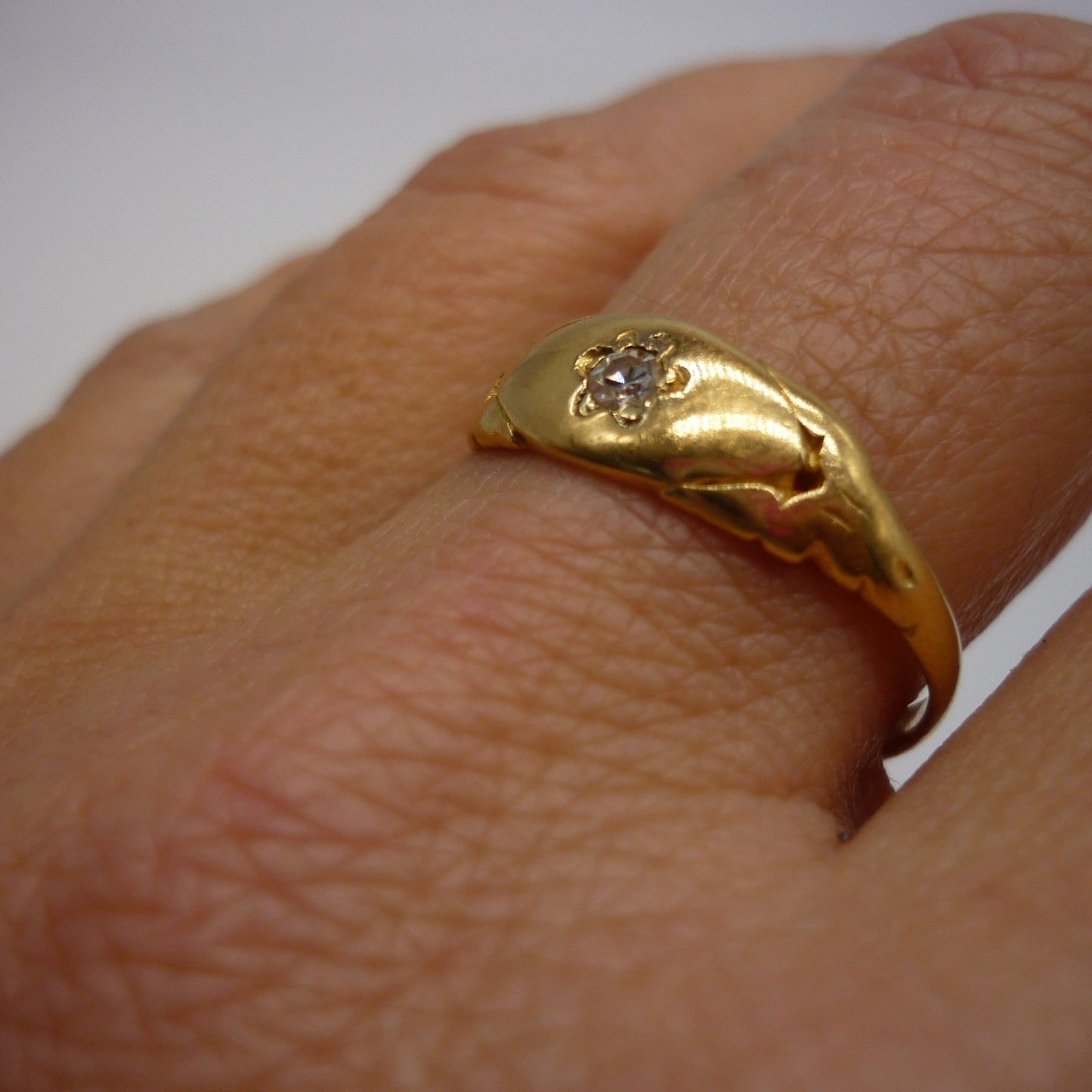 Antique 18k Gold Gypsy Ring with Star Set Diamond, Size 7.75 Unisex Gold Band