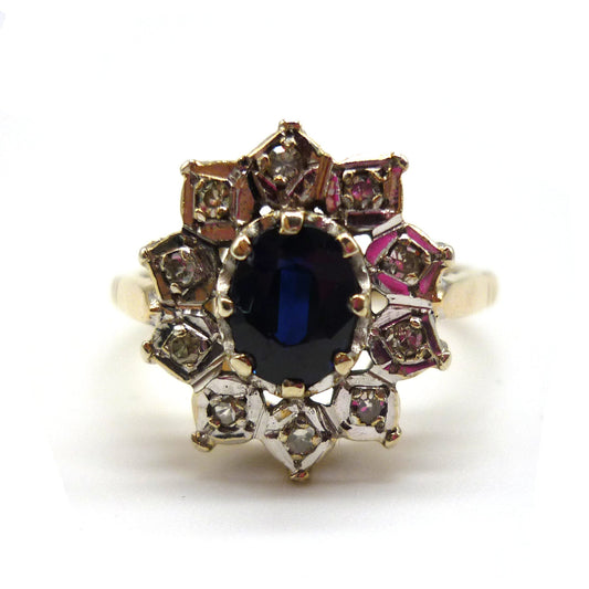 Vintage Sapphire & Diamond Cluster Ring Size 6.5