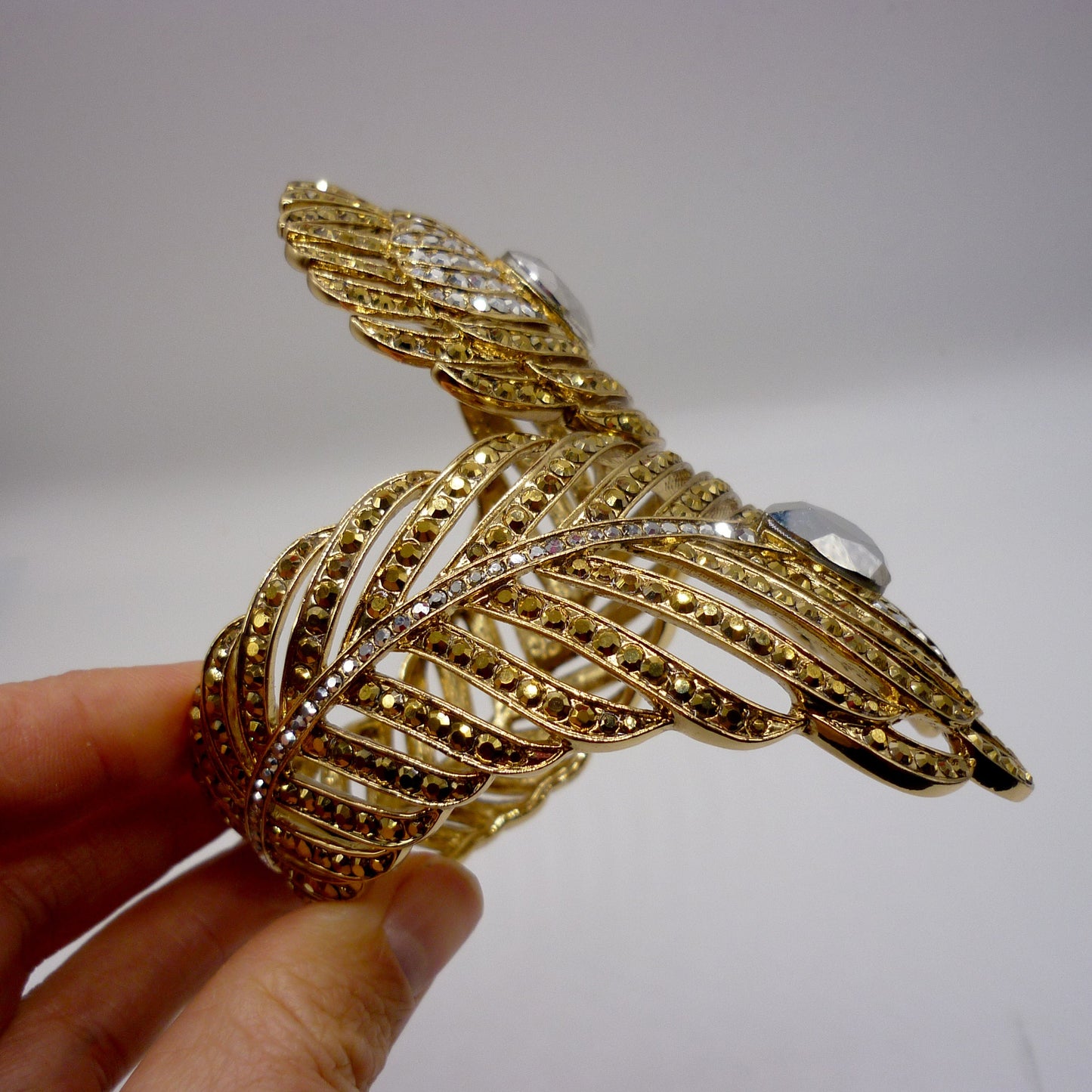 Vintage Butler & Wilson Gold Metal Crystal Set Peacock Feather Cuff Bangle