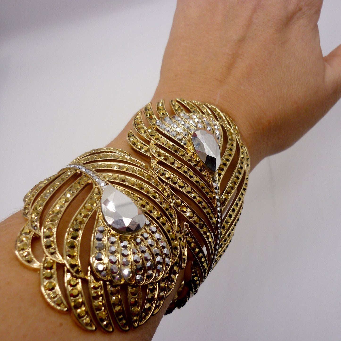 Vintage Butler & Wilson Gold Metal Crystal Set Peacock Feather Cuff Bangle