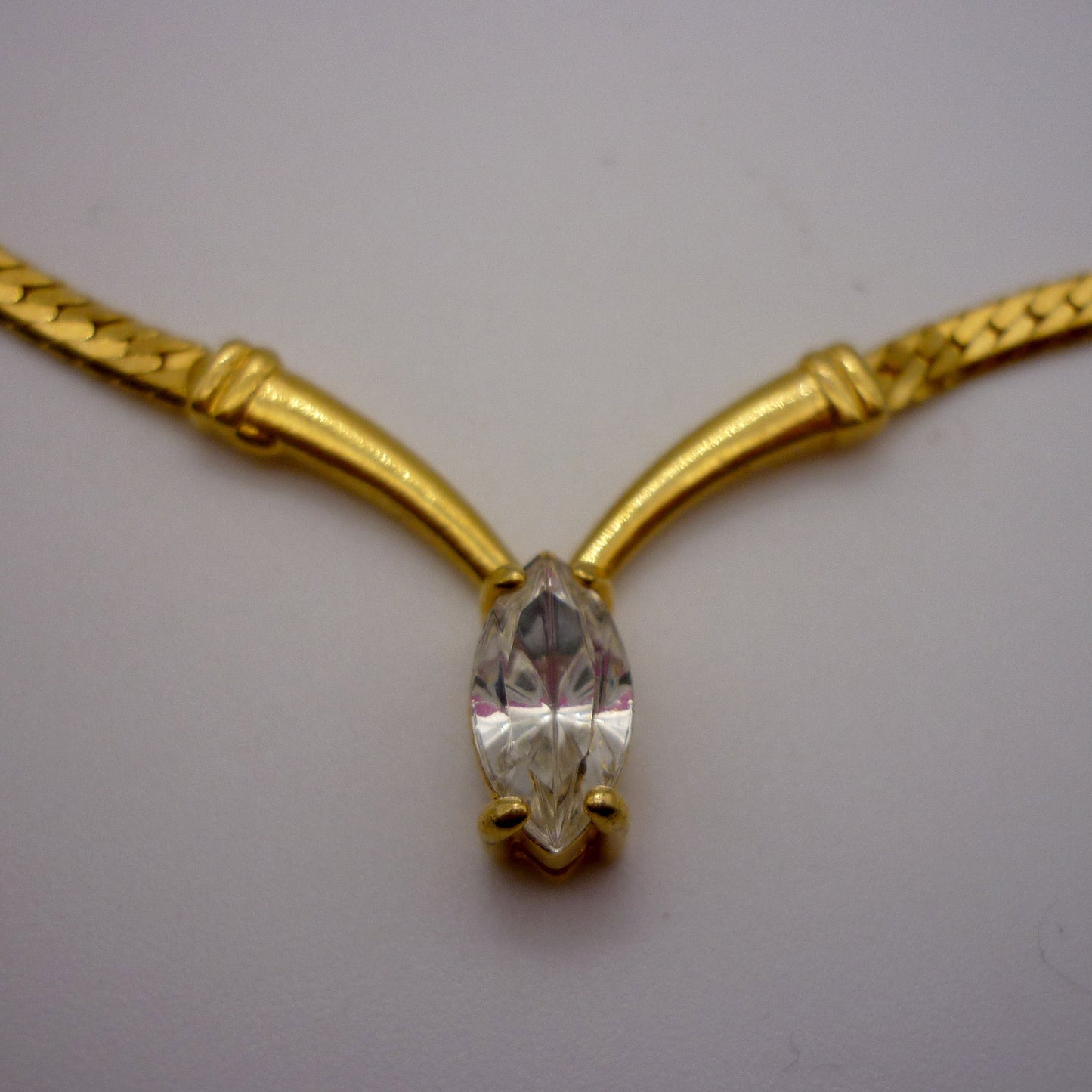 Vintage Avon Gold Tone Chain with Clear Diamante, CZ Wishbone Necklace