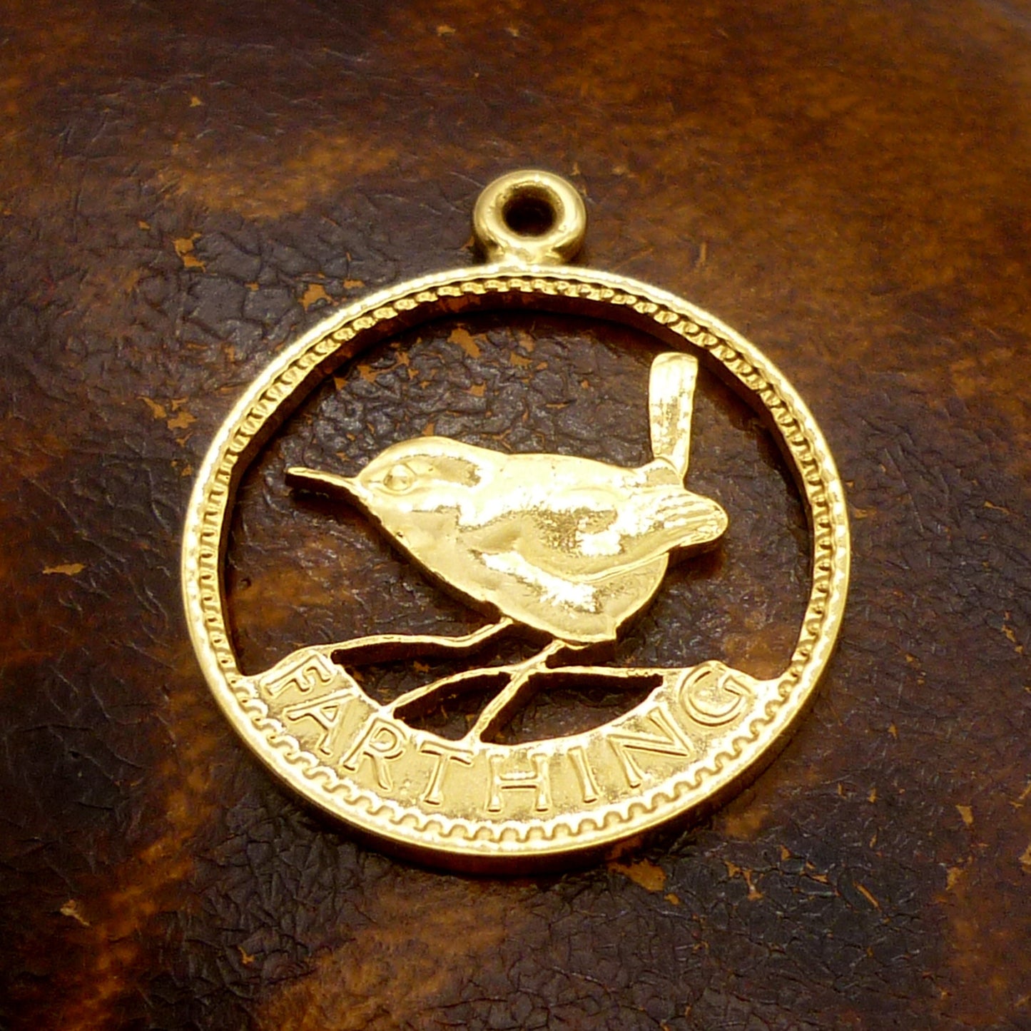 Gold Plated Farthing Wren Pendant, Cut Out Coin Jewellery