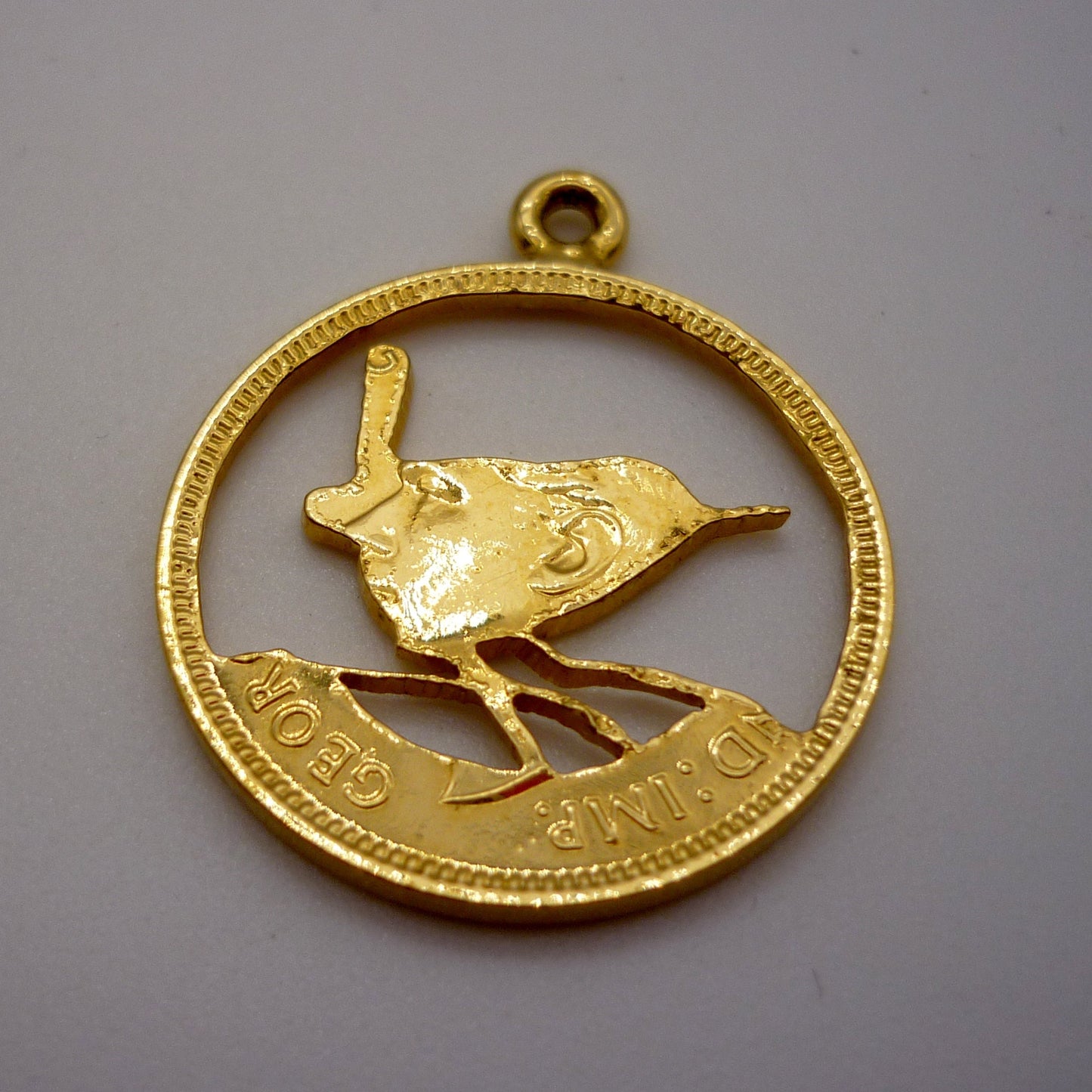 Gold Plated Farthing Wren Pendant, Cut Out Coin Jewellery
