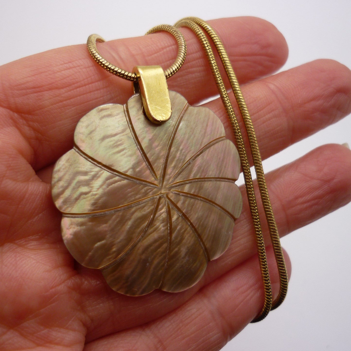 Vintage Shell Flower Pendant on Gold Tone Snake Chain