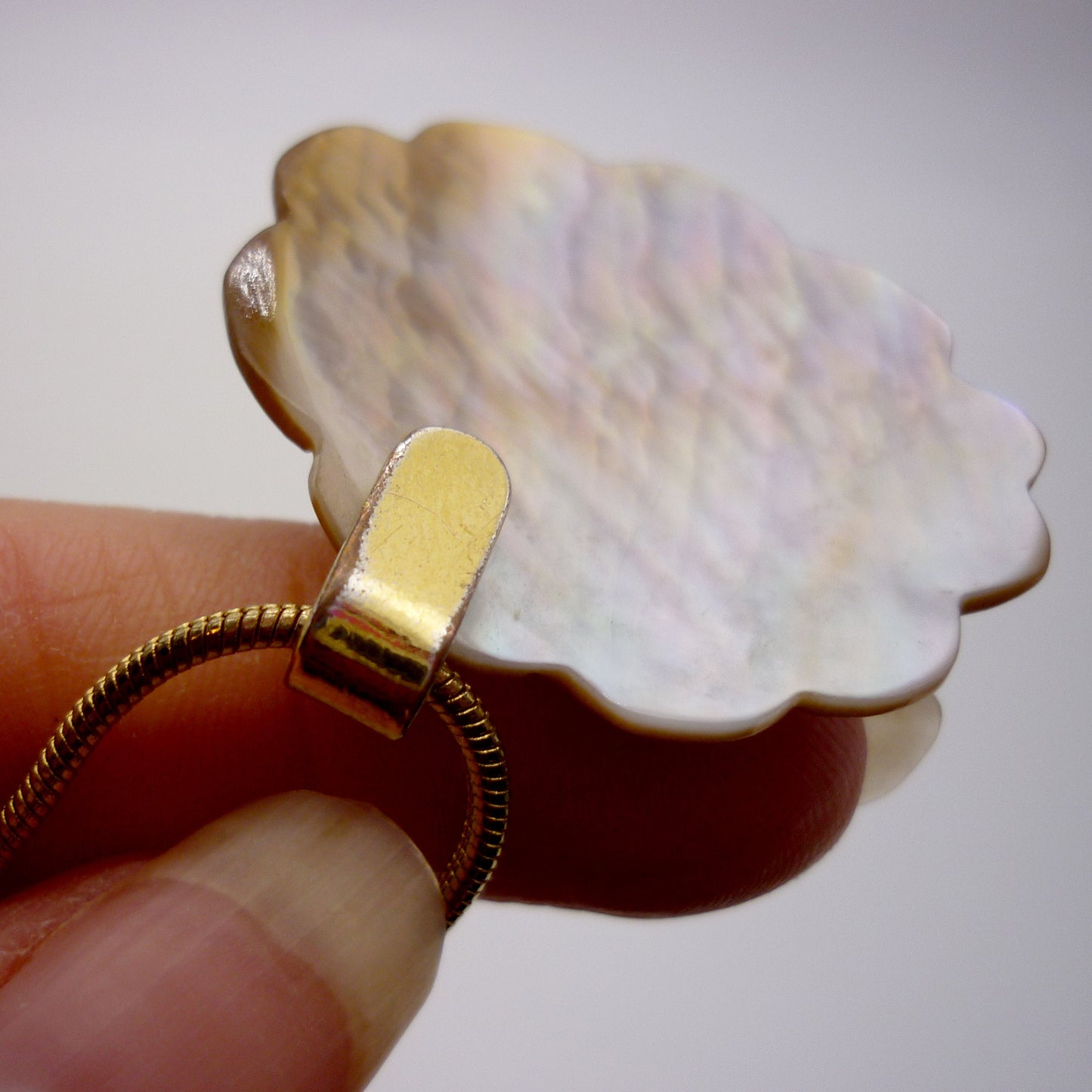 Vintage Shell Flower Pendant on Gold Tone Snake Chain