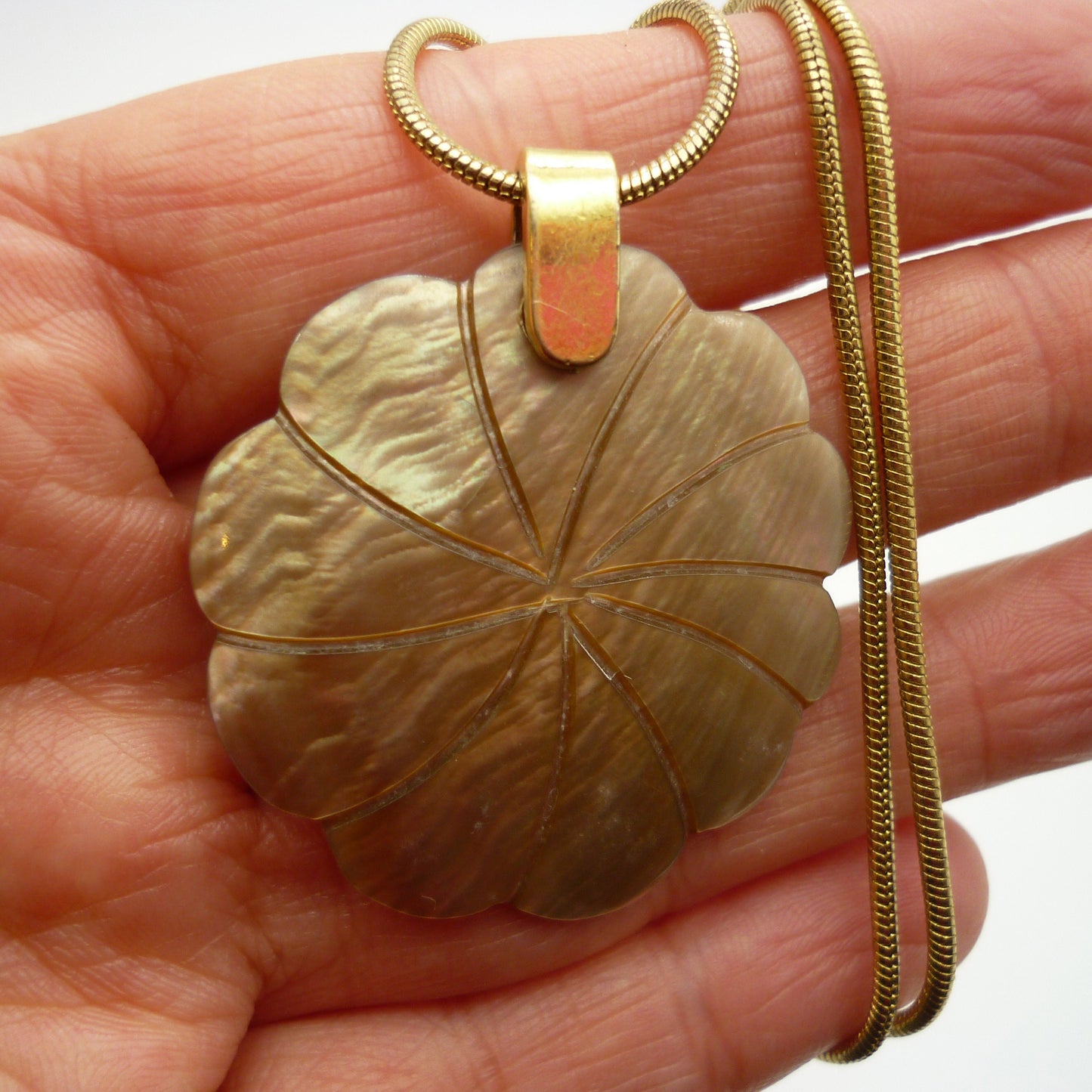 Vintage Shell Flower Pendant on Gold Tone Snake Chain