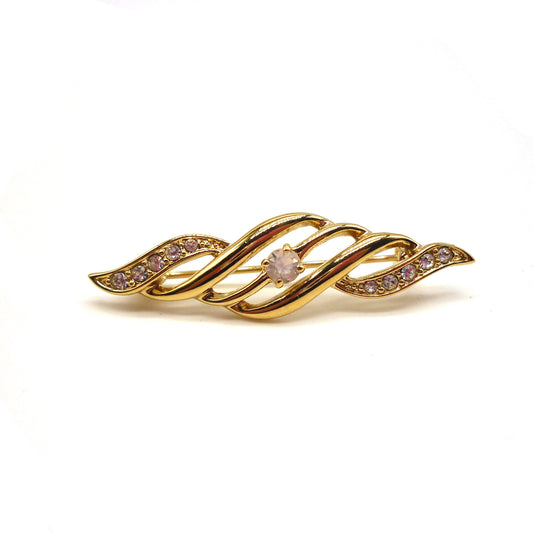 Gold Tone Metal Wave Brooch with Diamante