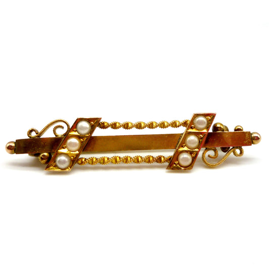 Antique Late Victorian Yellow Gold Bar Brooch set with Seed Pearls