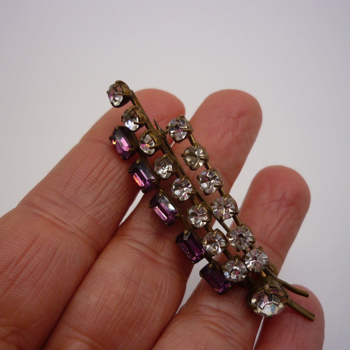 Vintage Diamante Brooch, Rhinestone and Gilt Flower Pin